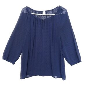 Old Navy Sheer Swiss Dot Chiffon Blue Keyhole Quarter Sleeve Tunic Top Womens L